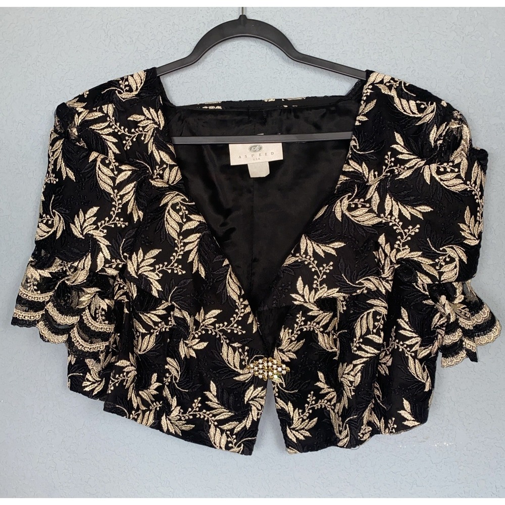 Vintage ASPEED Evening Formal‎ Jacket Bolero L Embroidered Black Gold Rhinestone